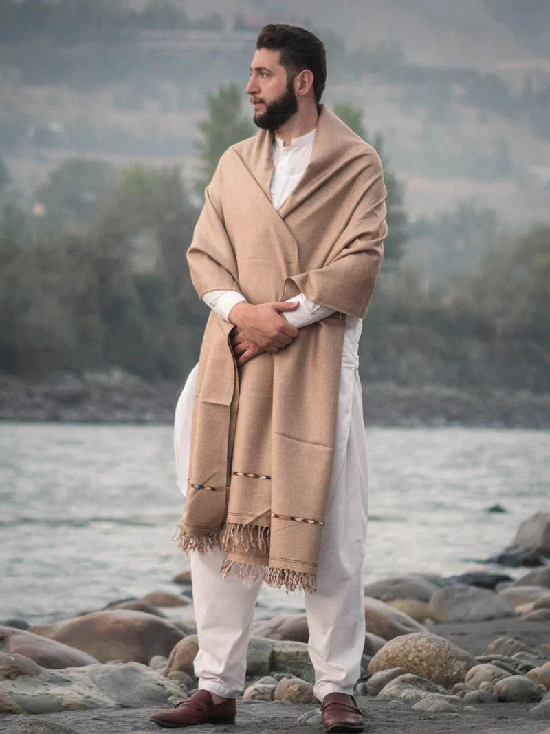 Handwoven Dark Beige Pure Wool Shawl with Border - Lightweight