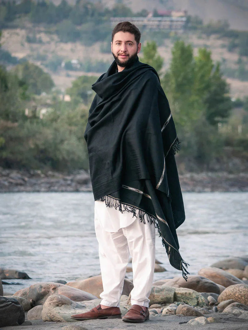 Black Swati Woolen Shawl for Men - Hand Made