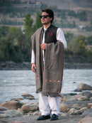 Chitral Umber Premium Sheep Wool Shawl - Thick Charcoal Brown Shawl with Red and Gold Tribal Border