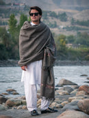 Chitral Umber Premium Sheep Wool Shawl - Thick Charcoal Brown Shawl with Red and Gold Tribal Border