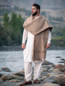 Chitral Highland Premium Sheep Wool Shawl - Handmade Thick Light Brown Shawl with Geometric Artistic Border