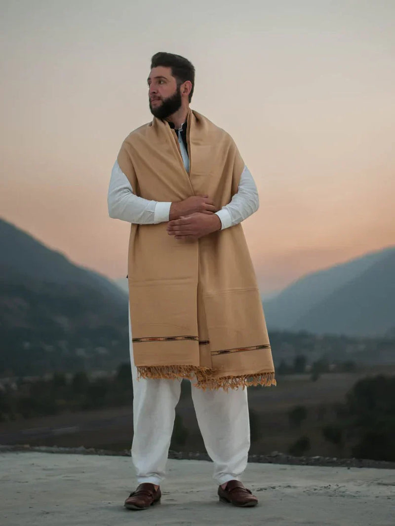 Light Beige Color Swati Woolen Shawl for Men - Handmade