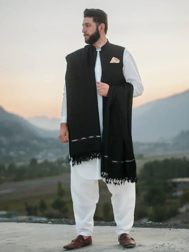 Black Color Swati Woolen Shawl for Men - Lightweight