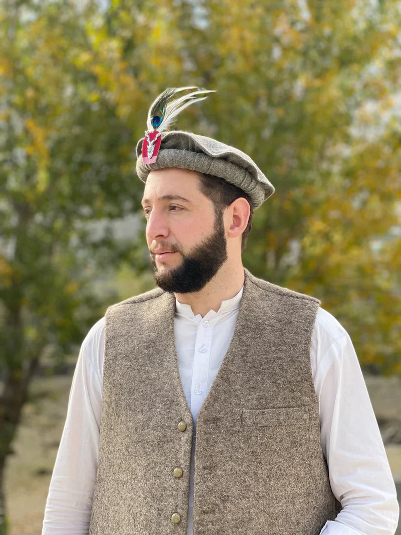 Chitrali Cap With Feather and Makhor Lapel Pin